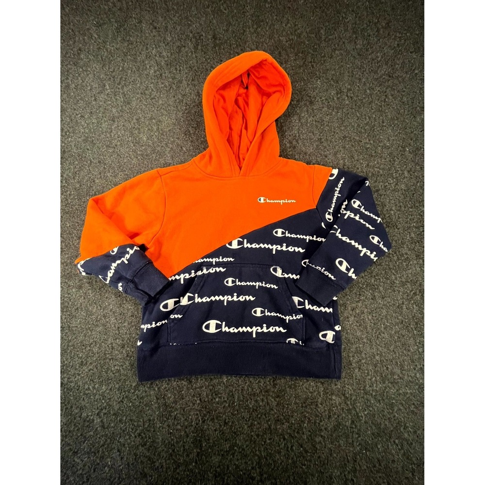 Champion Fleece Hoodie Youth 6 Orange Navy Colorblocked Spellout Logo Pullover